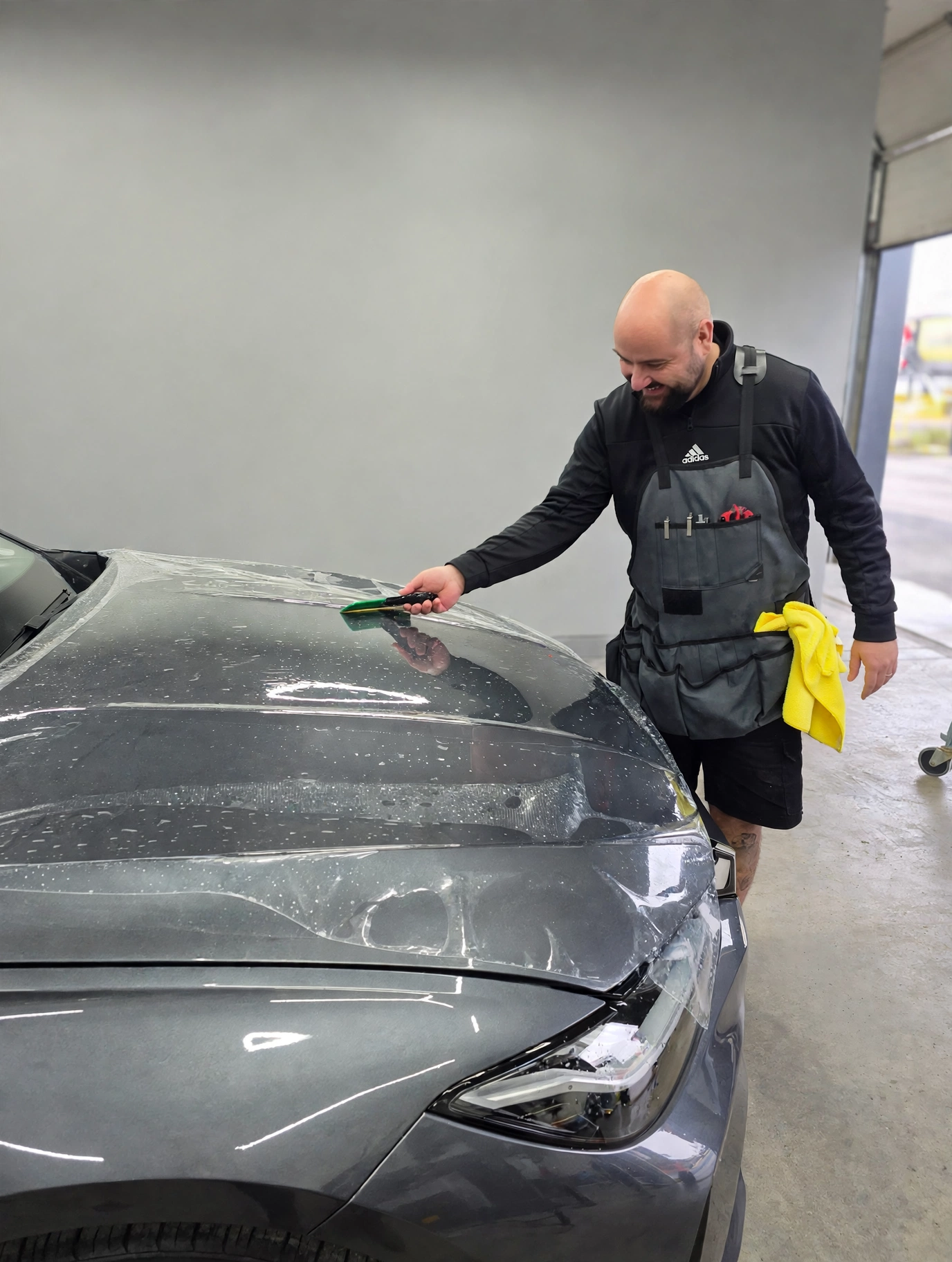 Installateur PPF posant une pellicule de protection XPEL sur le capot d'une voiture à Blainville