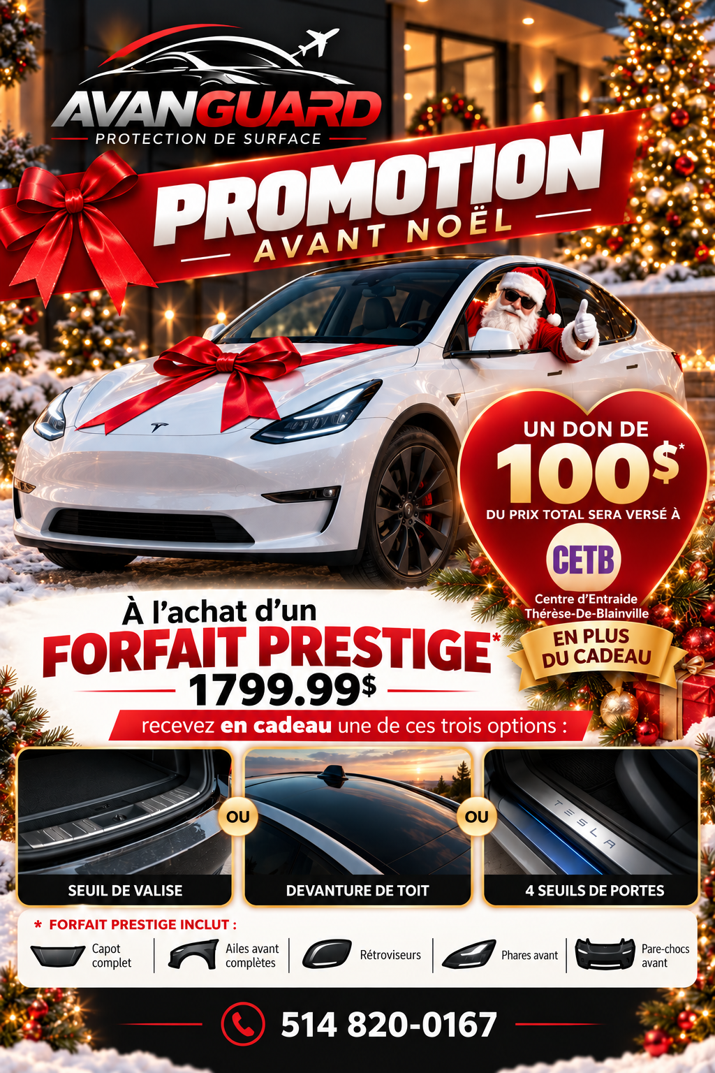 Affiche de promotion Avanguard avant Noël : forfait Prestige avec cadeau au choix et don de 100 $ au Centre d'Entraide Thérèse-De-Blainville