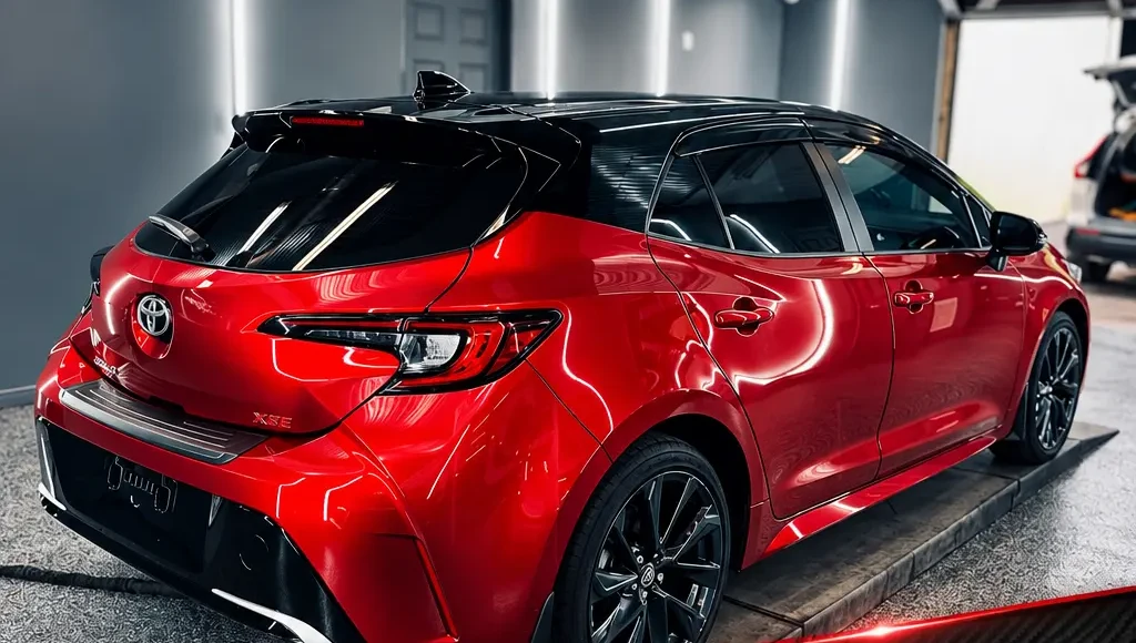 Toyota Corolla rouge protégée par PPF, vue arrière